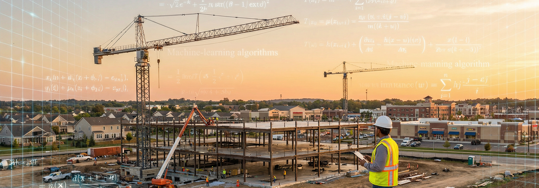 Construction site with machine learning algorithms overlay